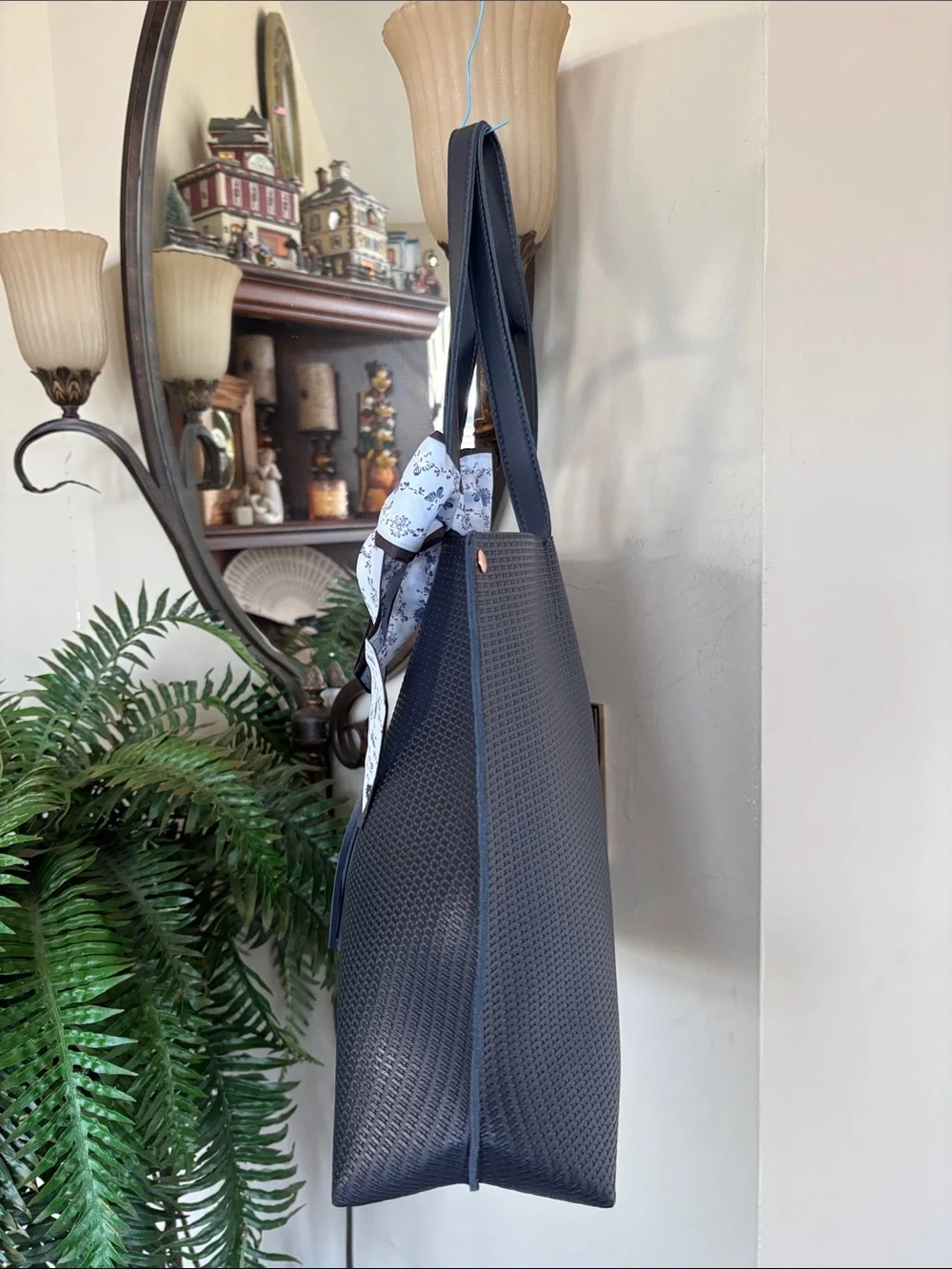 Chic Textured Navy Tote Shoulder Bag Tassel & Scarf Bow Laptop Office Snap Close